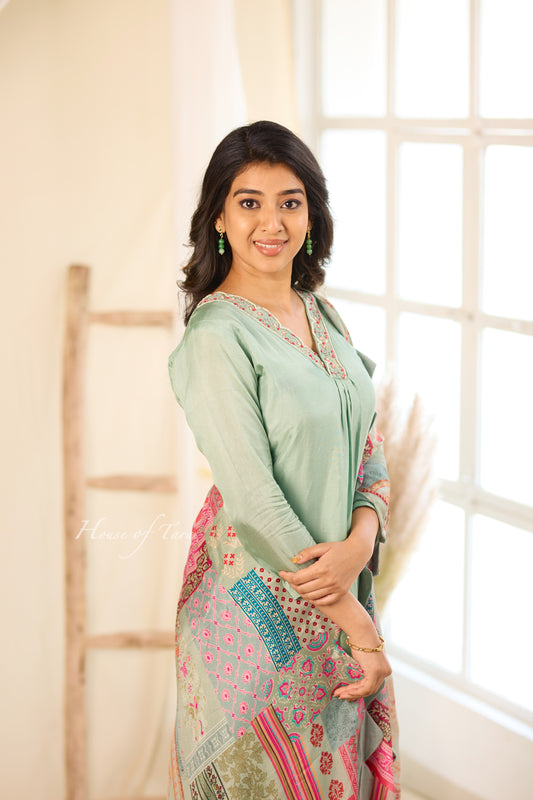 Sea Green Silk Kurti Set with Embroidered Yoke and Digital Print Dupatta