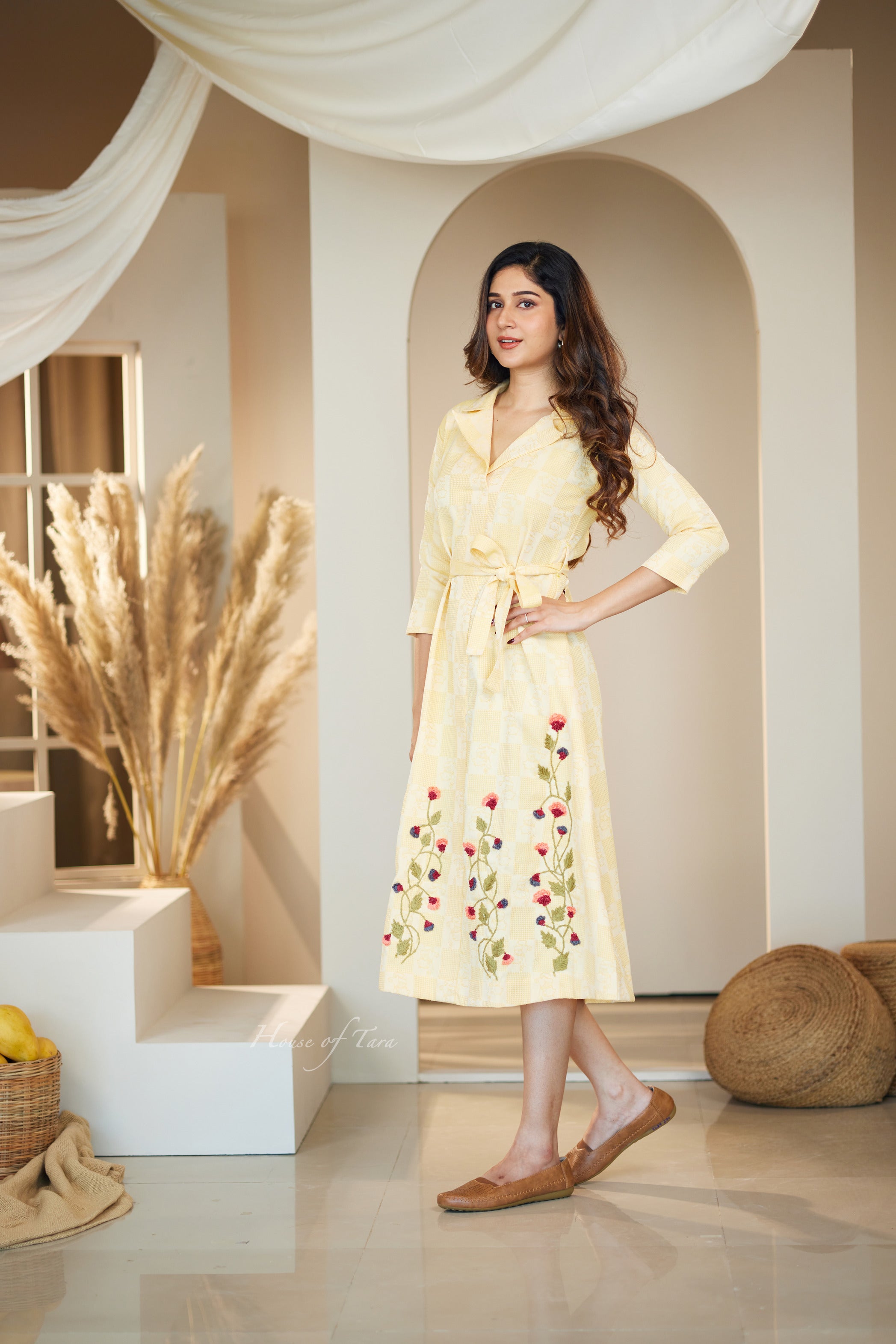 Yellow Handloom Cotton Floral Embroidered Summer frock houseoftara