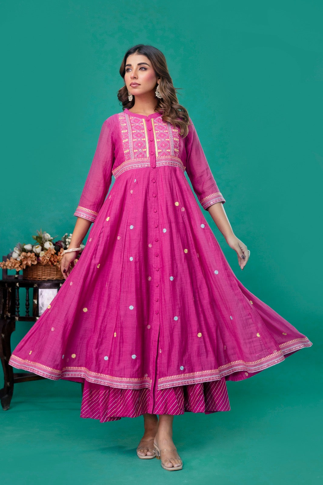 Magenta Embroidered Button-Front Anarkali