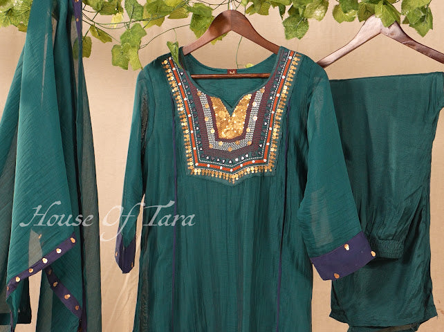 Teal Mirror-Work Embroidered Kurti