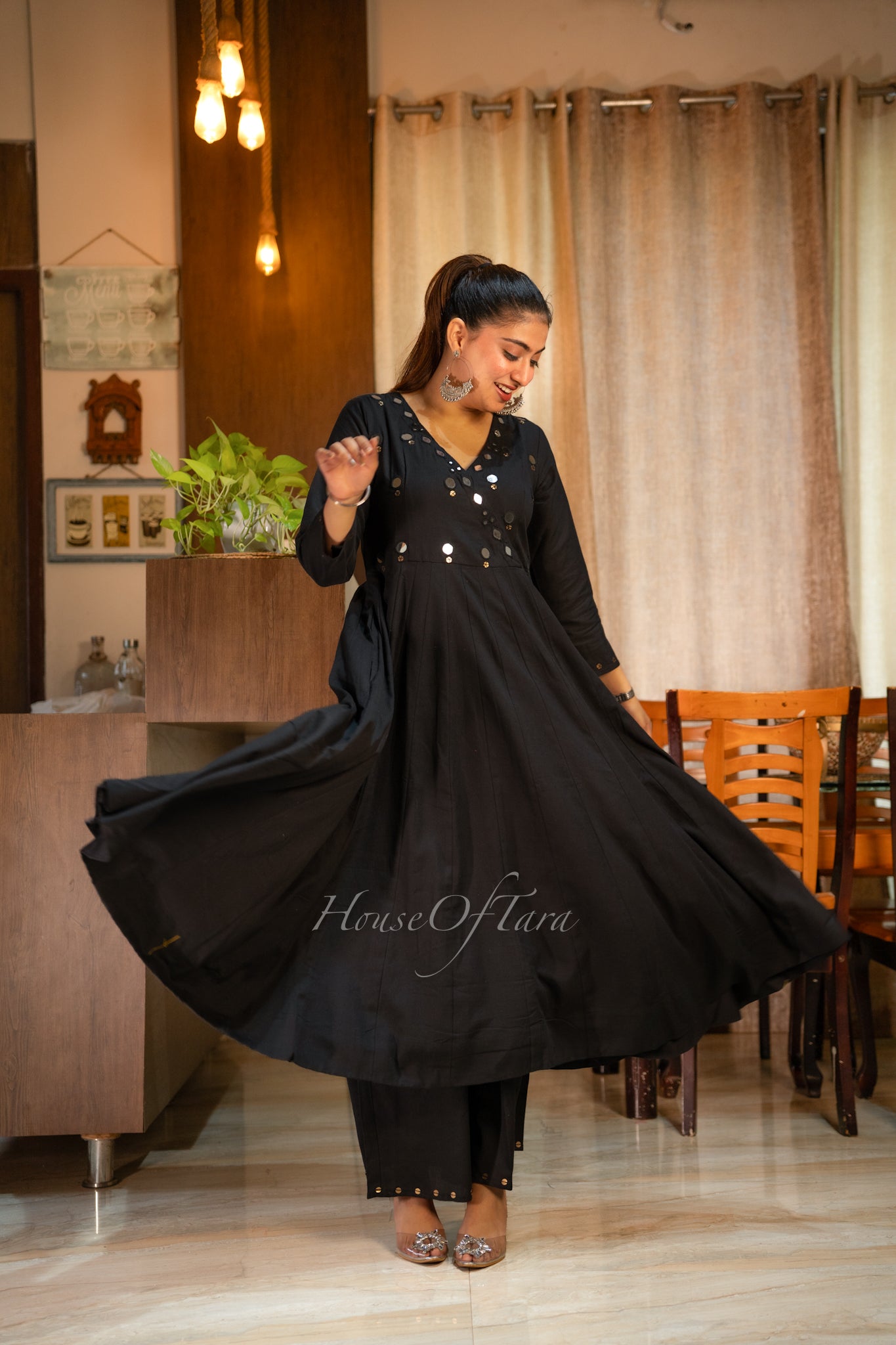 Elegant Black Anarkali Set with Mirror Embroidery