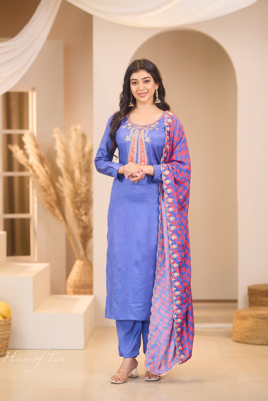 Blue Kurti Set with Red Neck Detailing and Printed Dupatta - Vibrant Elegance