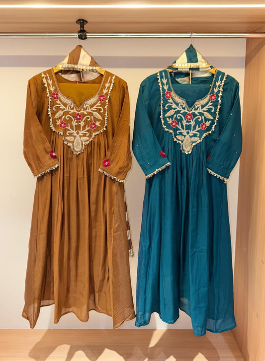 Gulshan Pearl Border Embroidered Anarkali Set (Mustard/Teal)