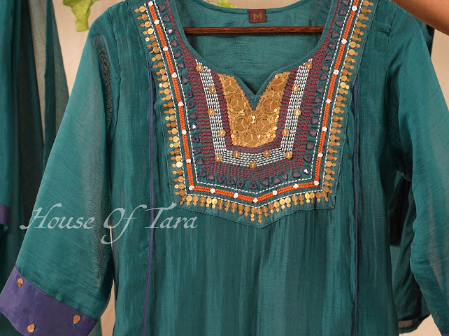 Teal Mirror-Work Embroidered Kurti