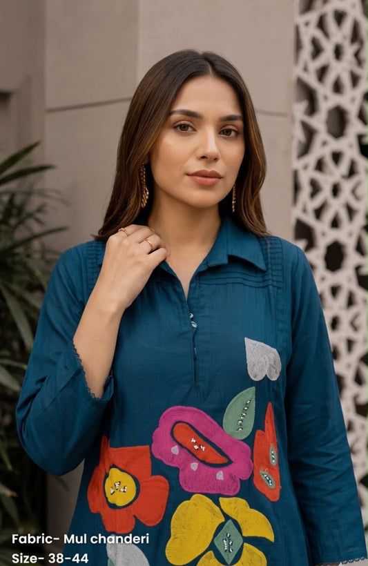 Teal Blue Floral Appliqué Kurti