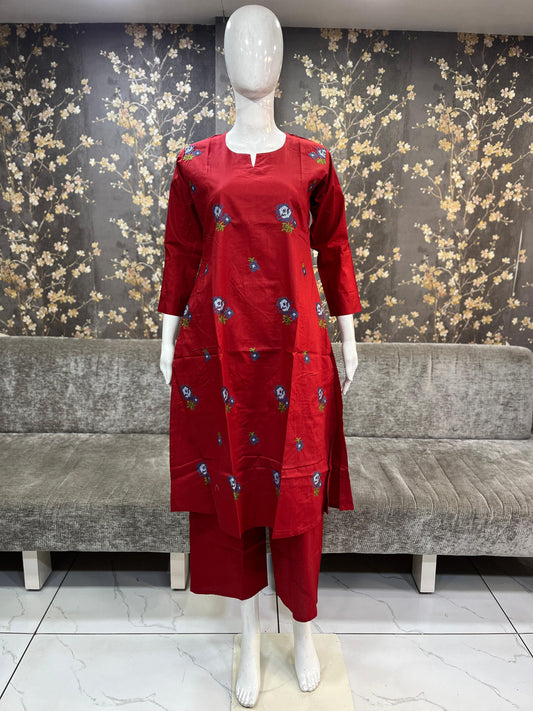 Red Elegant Cross-Stitch Kurti Set