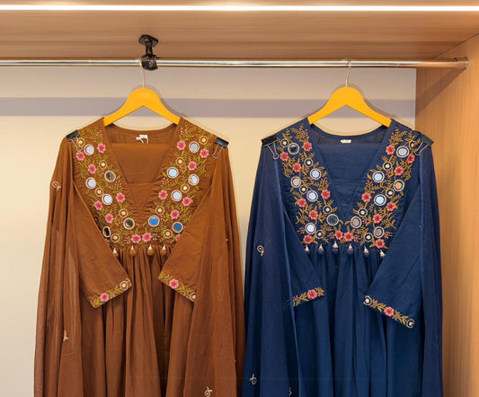 Gulbahar Mirrorwork Mulcotton Anarkali Set (Coffee/Navy)