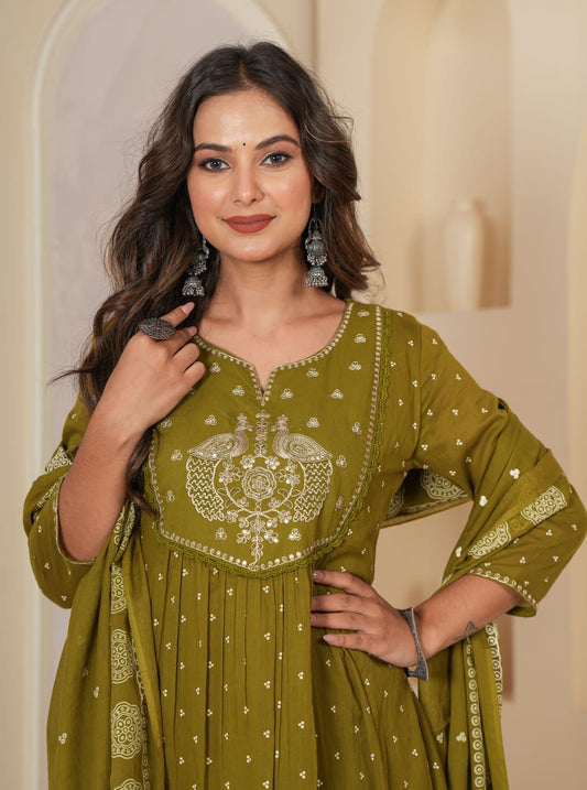 Green Kurti Set with designer Yoke