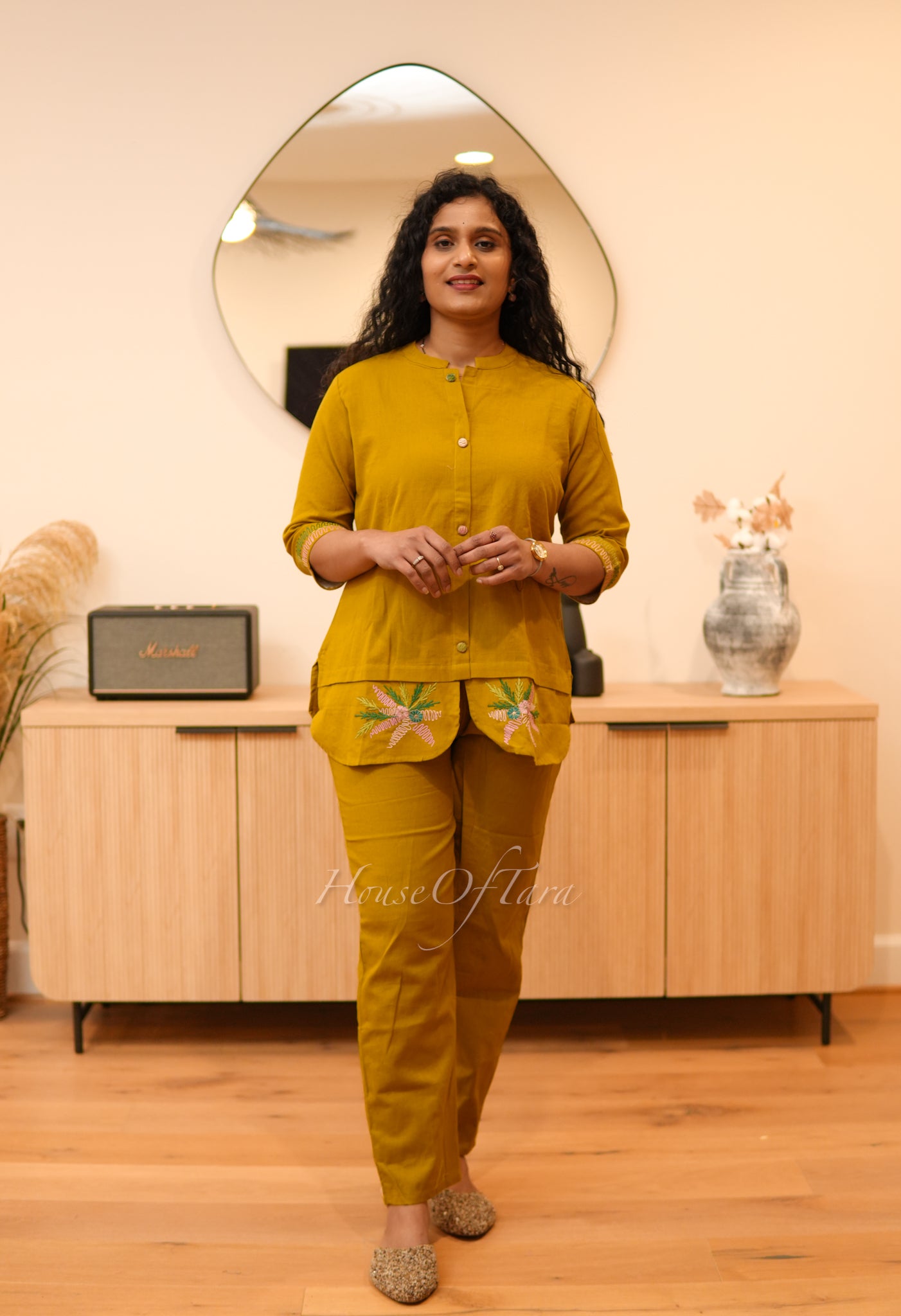 Yellow - Cotton Cord Set with Embroidered Top