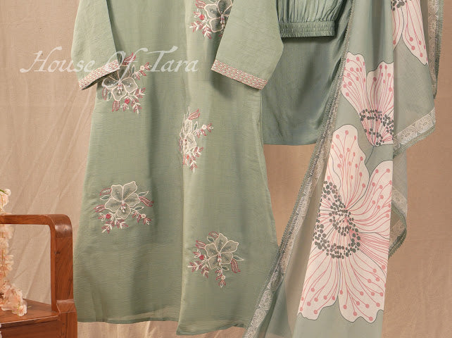 Sage Green Floral Embroidered Kurti