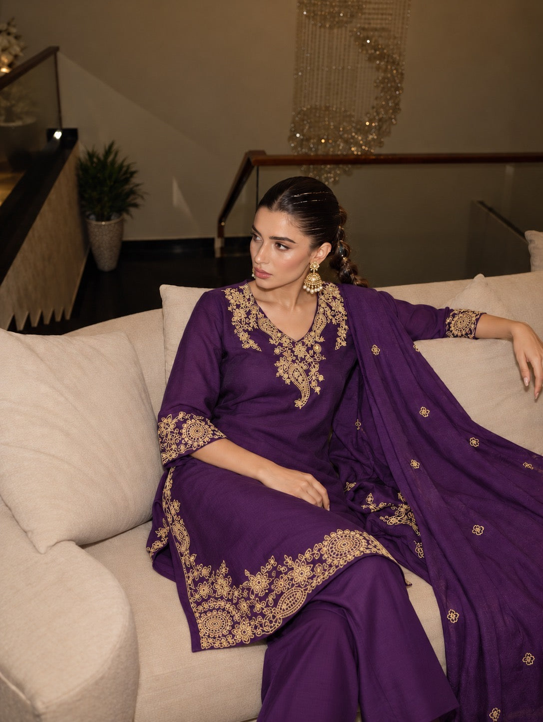 Royal Plum & Gold Kurta Palazzo Set with Dupatta