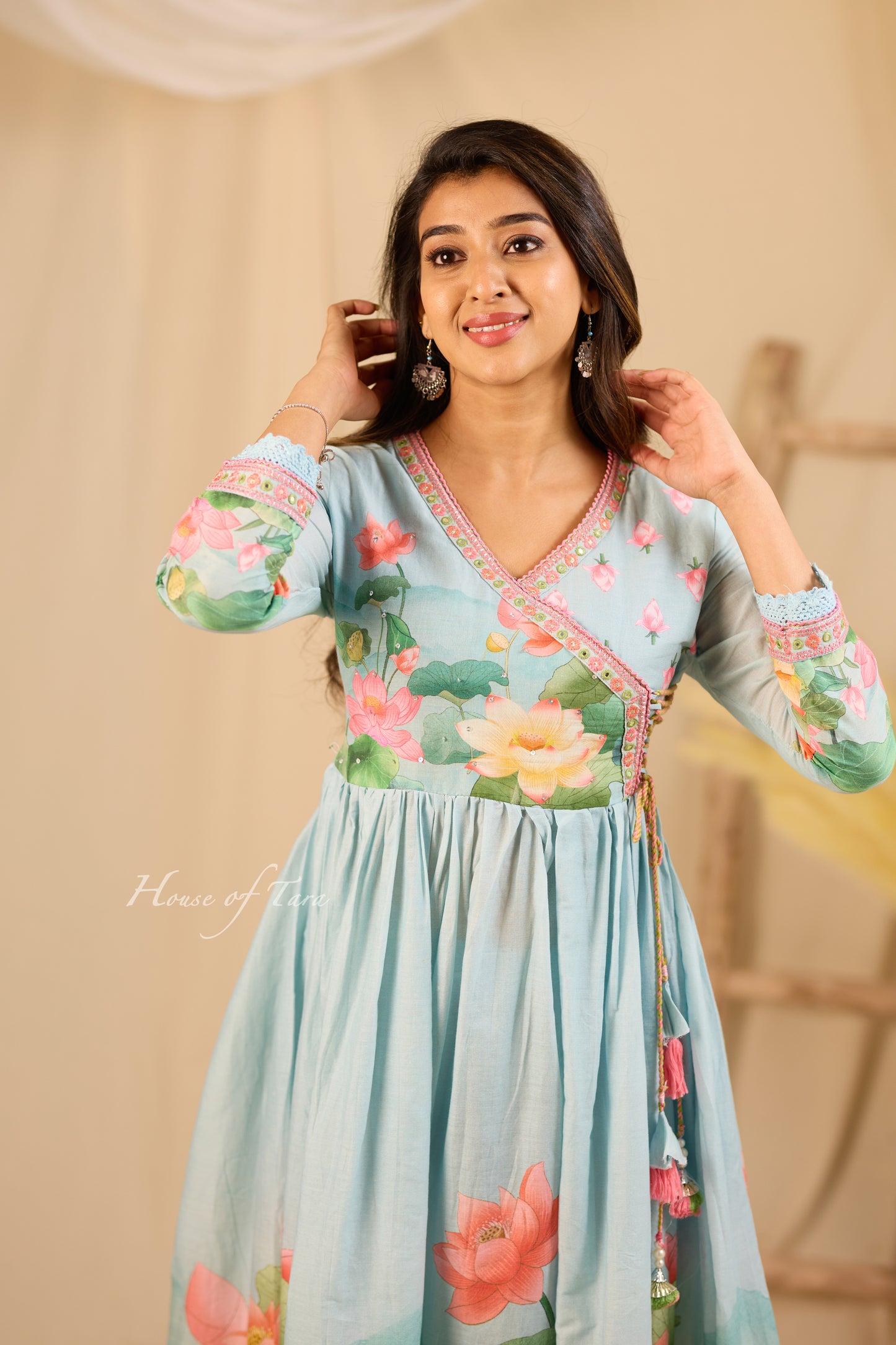 Light blue Three-Piece Anarkali Set with Embellished Yoke and Designer Dupatta