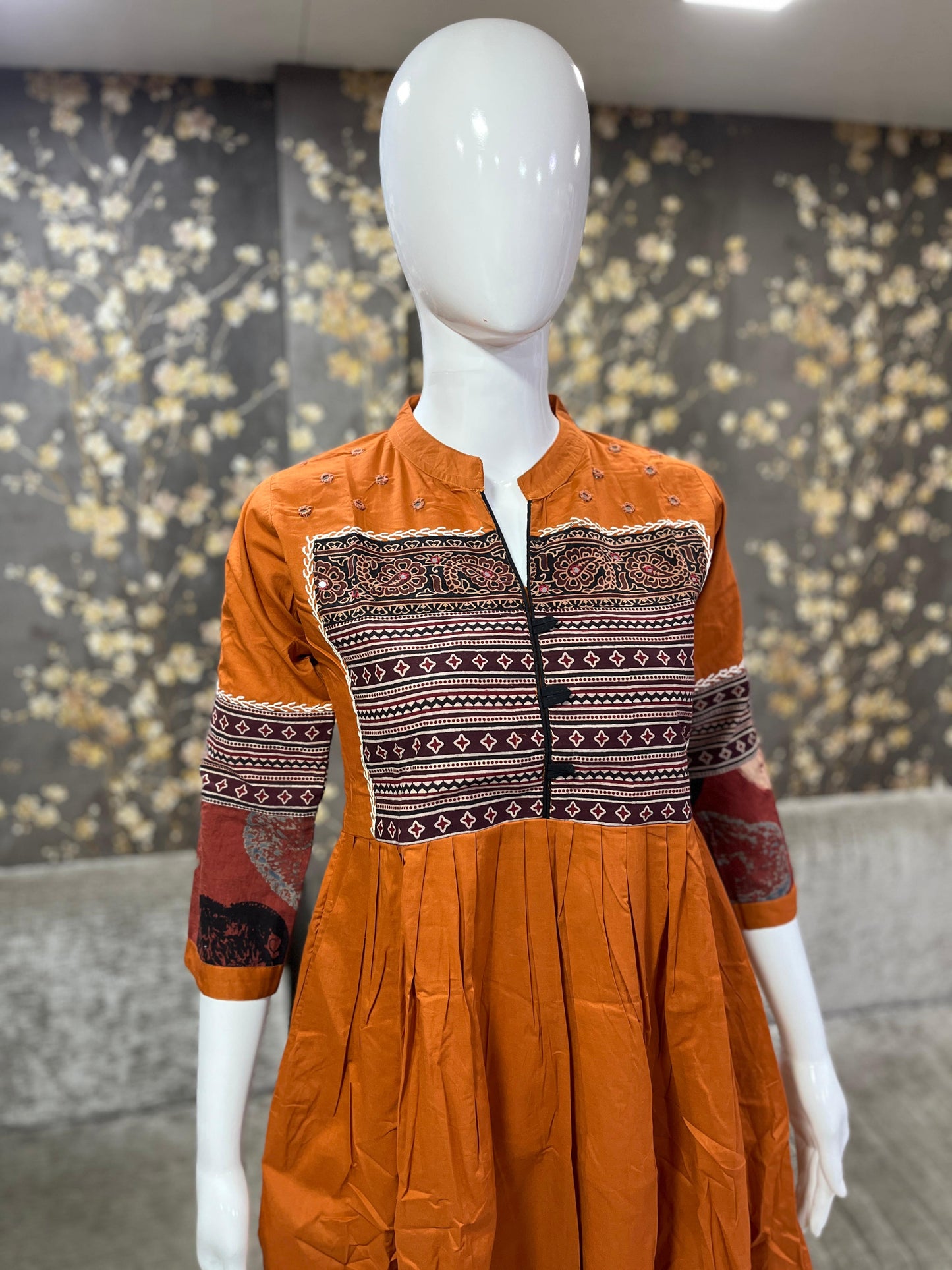 Cotton frock with Ajrak print and mirror work and katha work