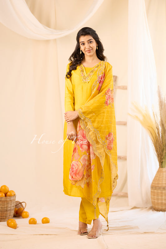 Yellow - Embroidered Yoke Butter Muslin Kurti Set with Digital Printed Dupatta