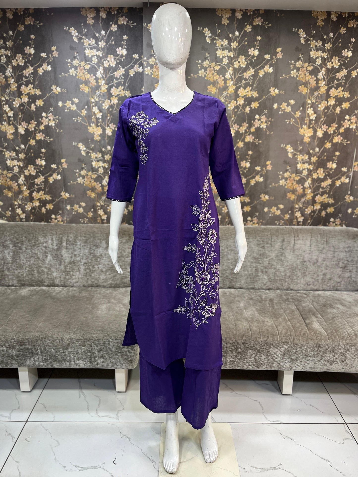 Royal Violet Cotton Kurti Set with Intricate Embroidery