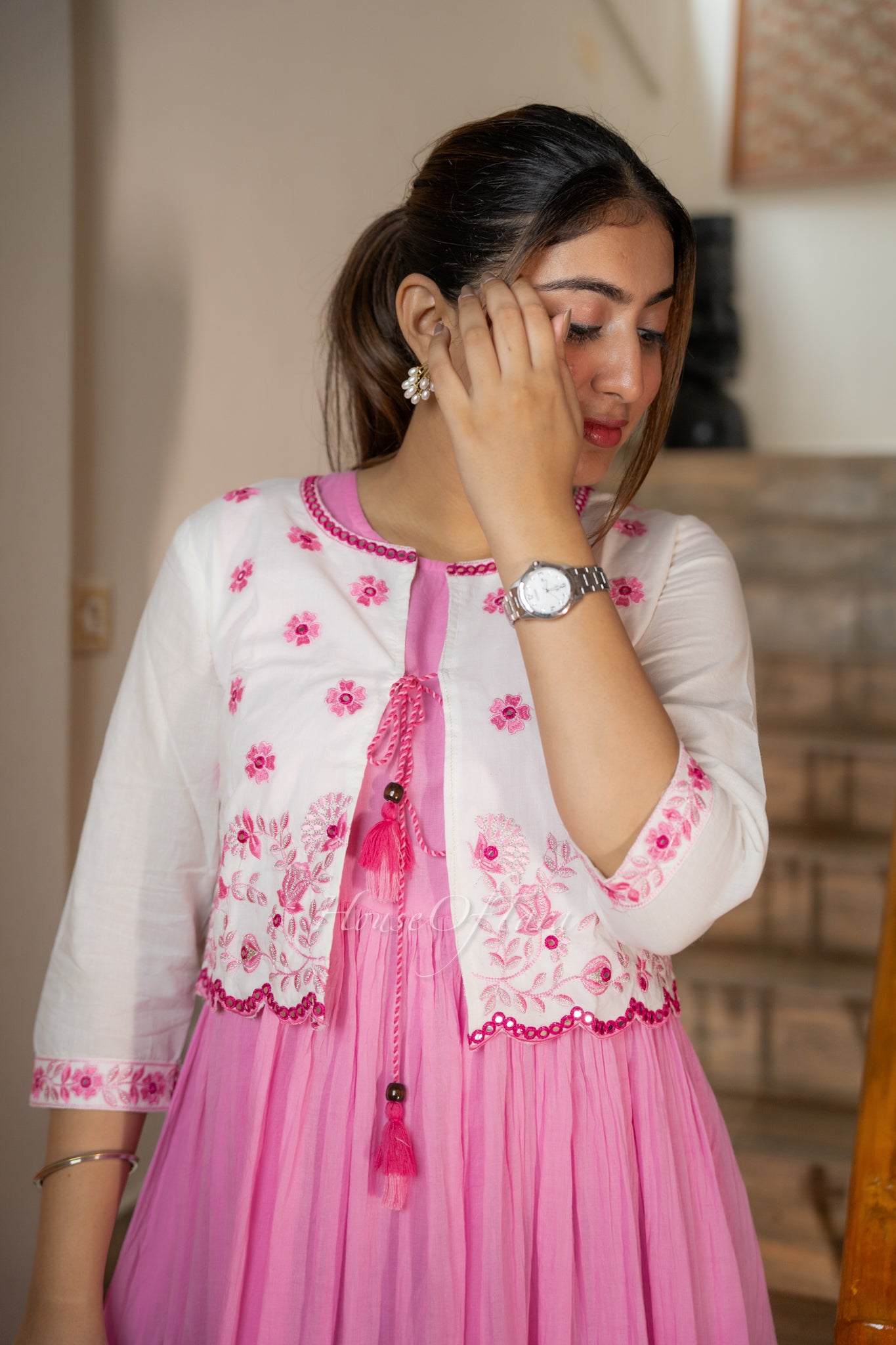 Ombre Pink frock with White Embroidered Coat – Elegant Ensemble