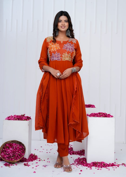 Rust Charm Cotton A-Line Kurti Set