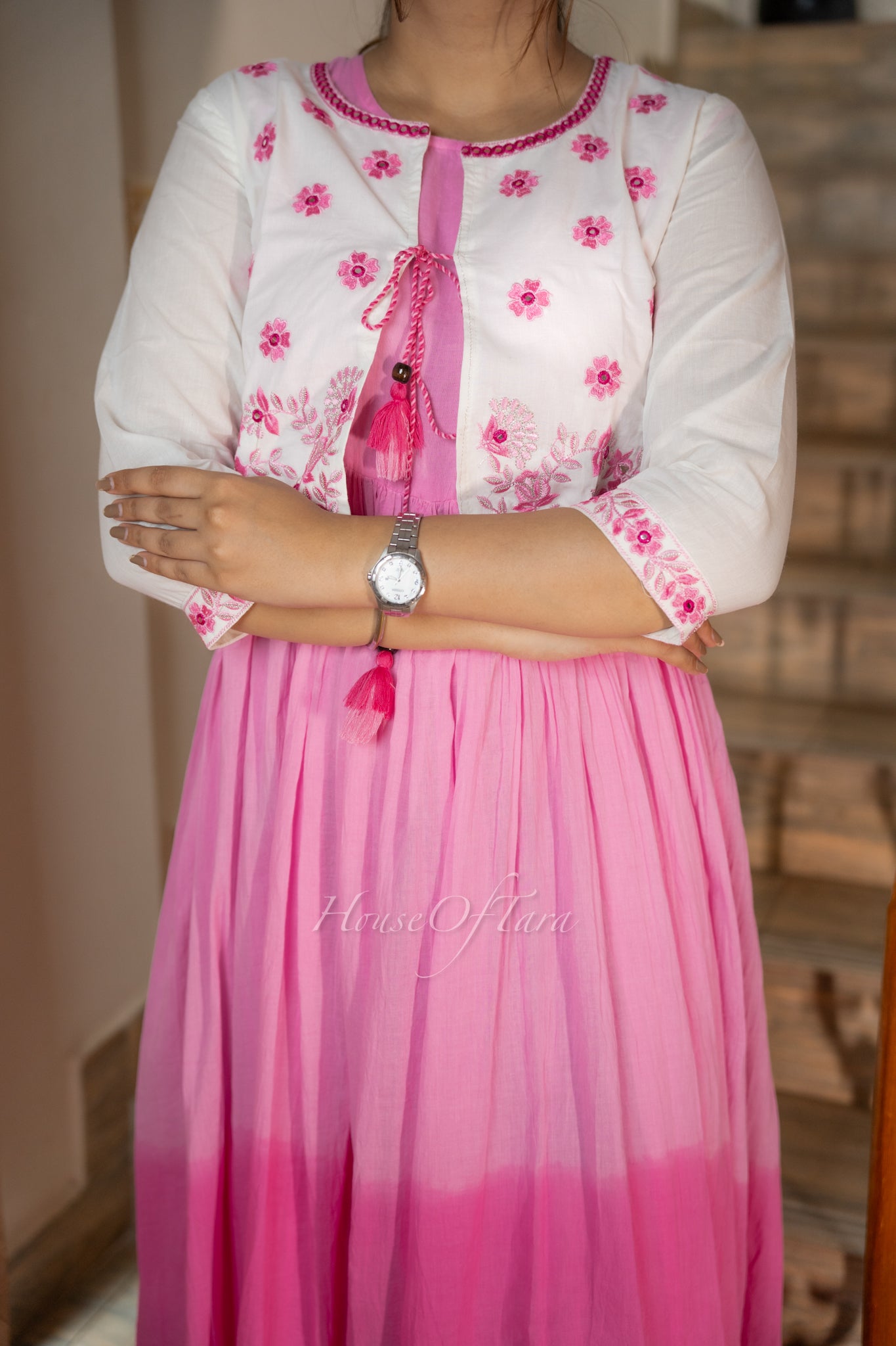 Ombre Pink frock with White Embroidered Coat – Elegant Ensemble