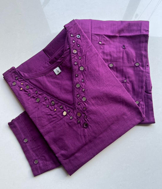 Purple Mirror Work Two-Piece Cotton Kurti Set
