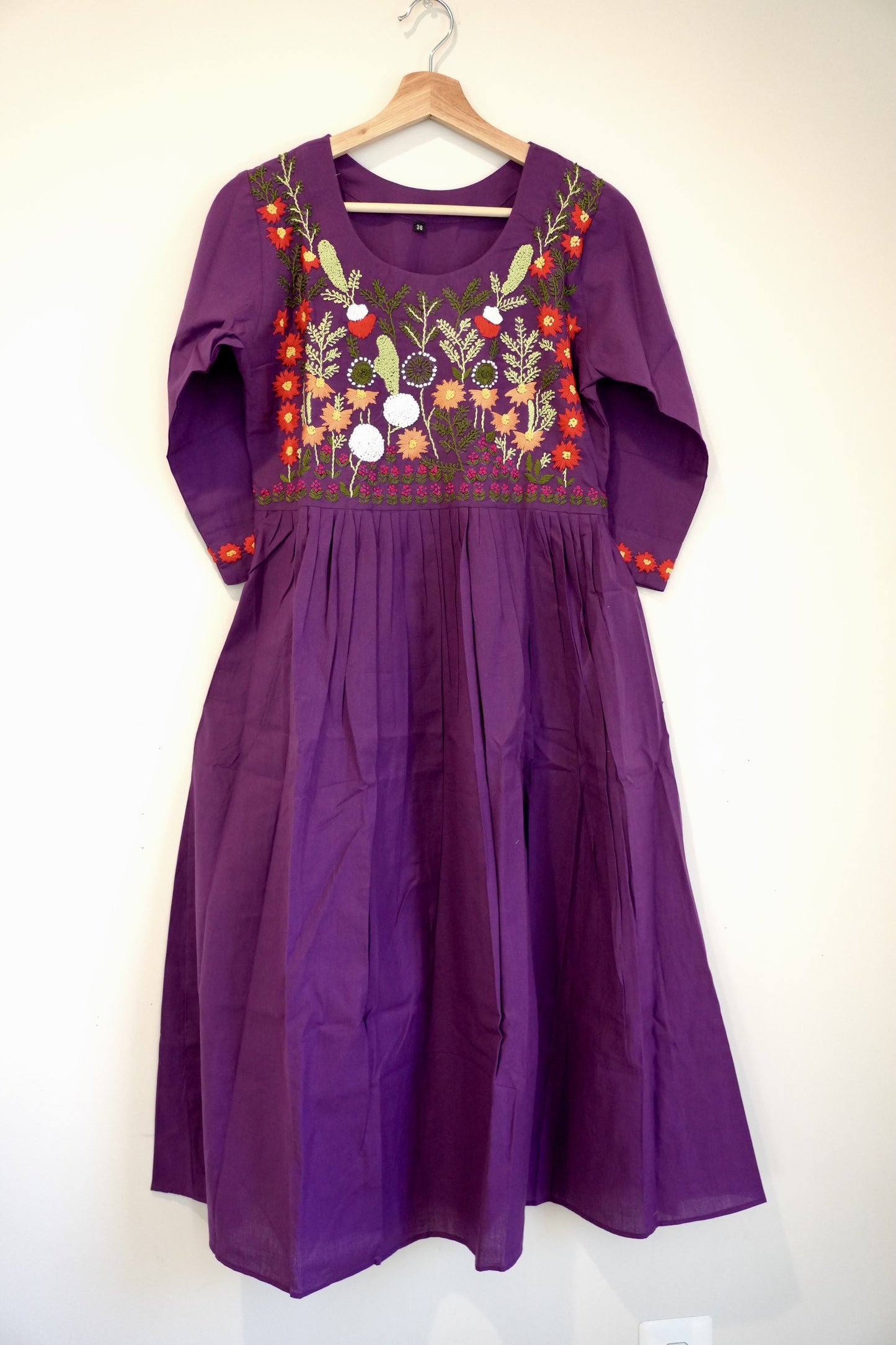 Purple Stylish Cotton Frock with Hand-Embroidered Yoke