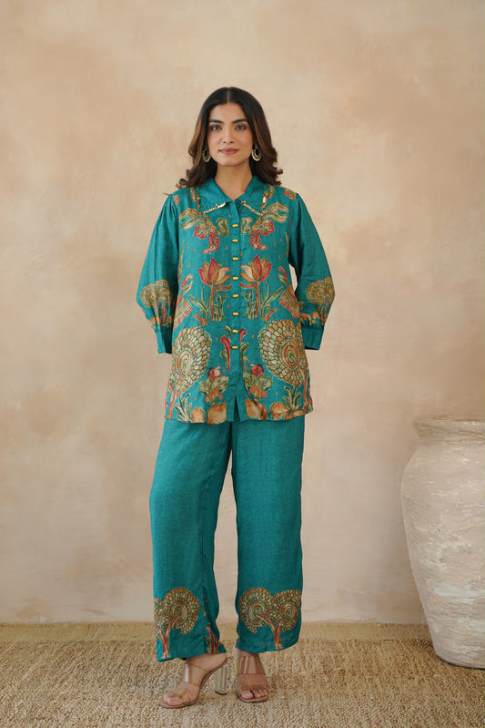 Preorder - Heritage Bloom Printed Co-ord Set – Teal Green, Rust Orange & Blue