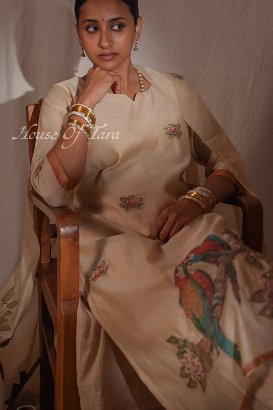 Beige Jamdani Peacock & Floral Kurta Set