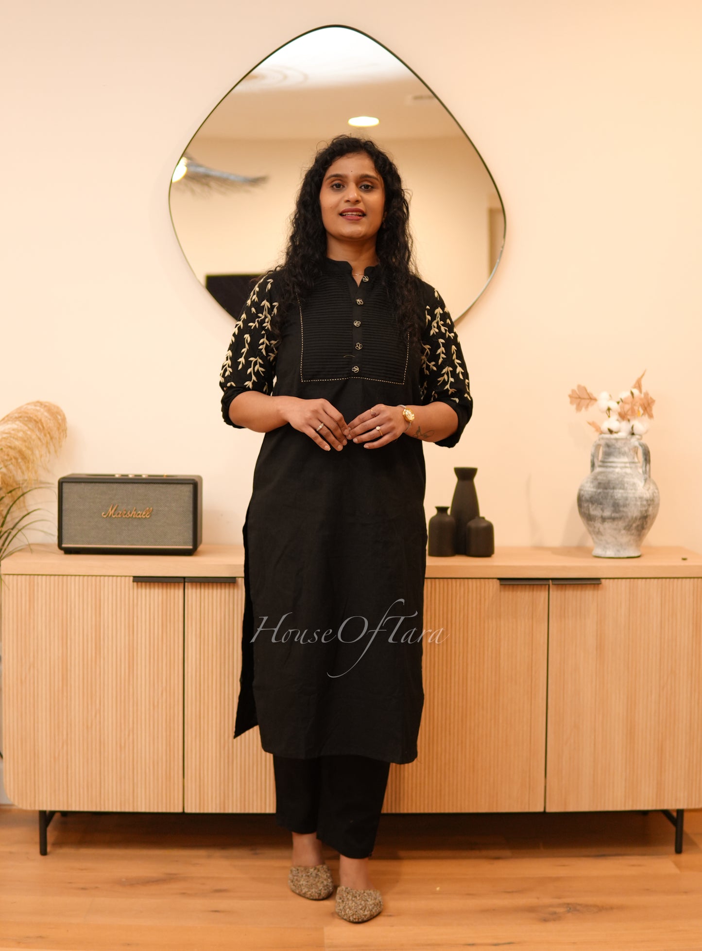 Black - Elegant Cotton Kurti Set with Embroidered Sleeves