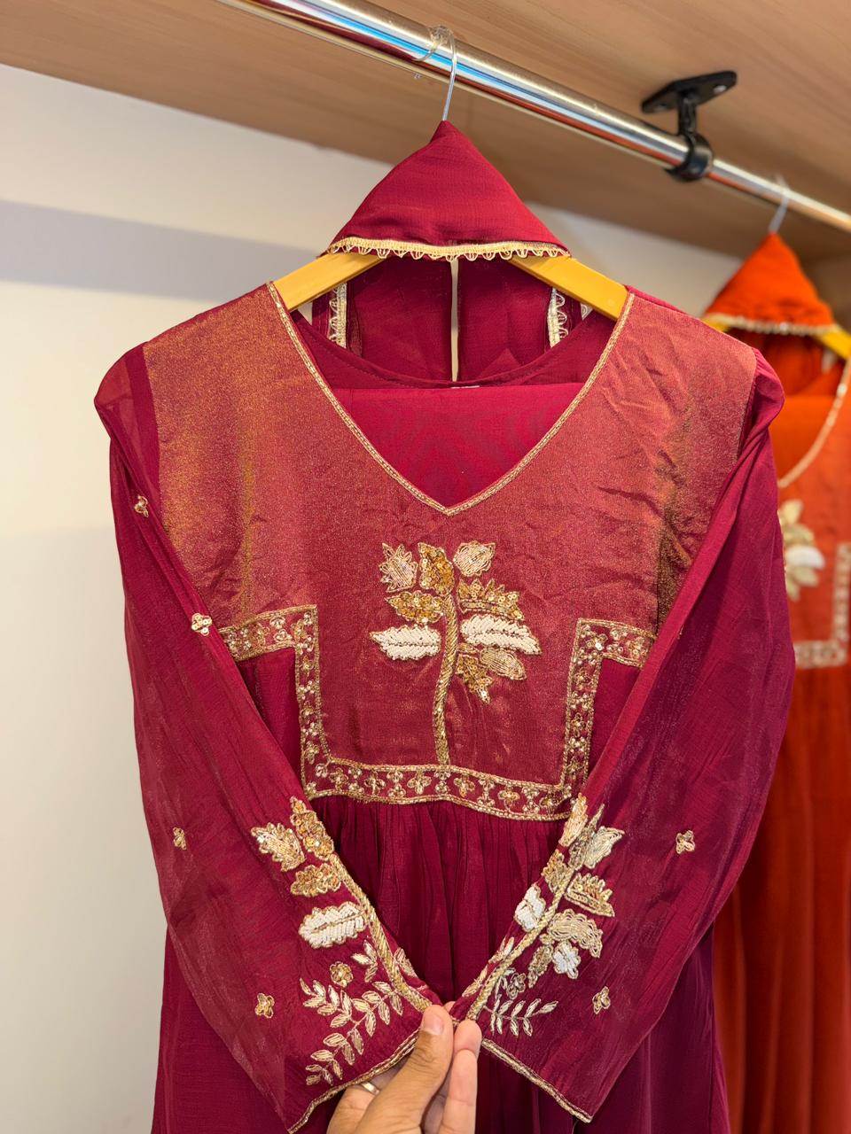 Aarohi Embroidered Yoke Mulchanderi Flared Dress (Wine/Orange/Coffee)