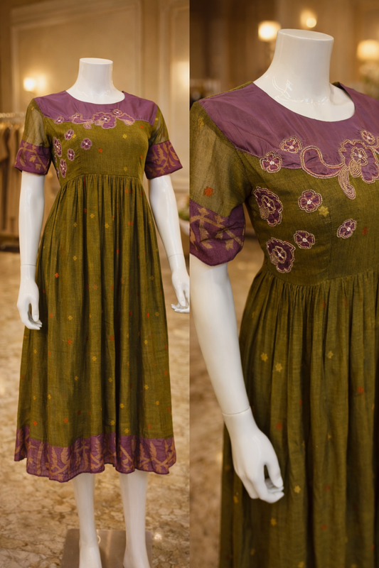 Olive Green Jamdani Midi Dress with Purple Yoke & Floral Embroidery
