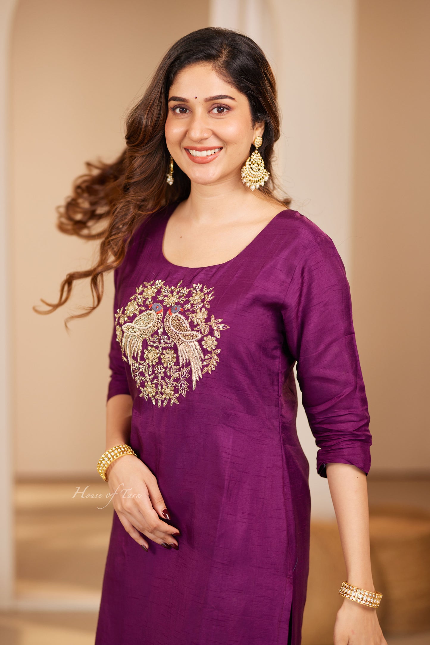 Wine Elegant Raw Silk Kurti Sets with Hand Embroidered on Yoke