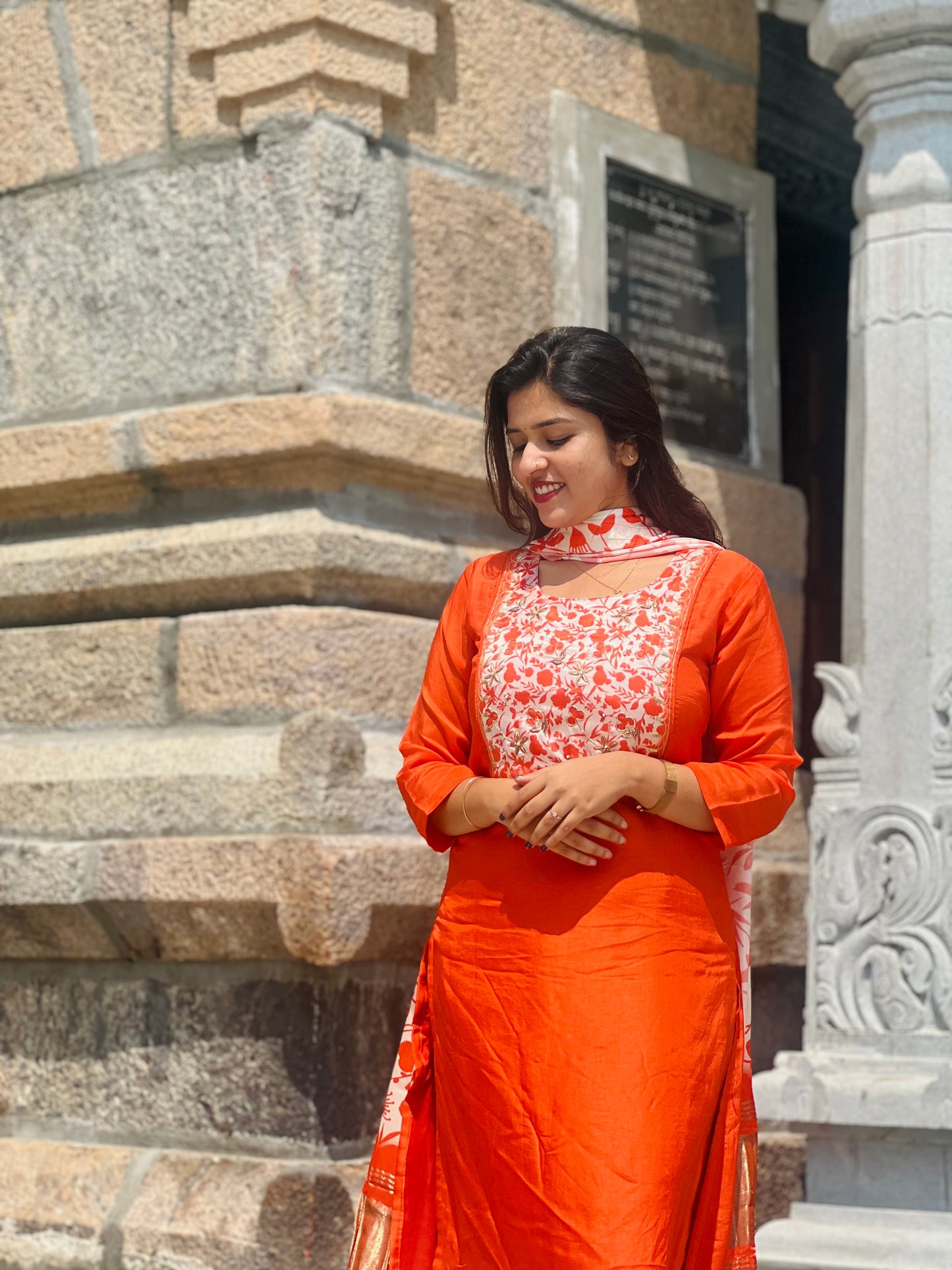 Radiant Orange Three-Piece Kurti Pant Set with Embellished Yoke & Gajji Silk Dupatta