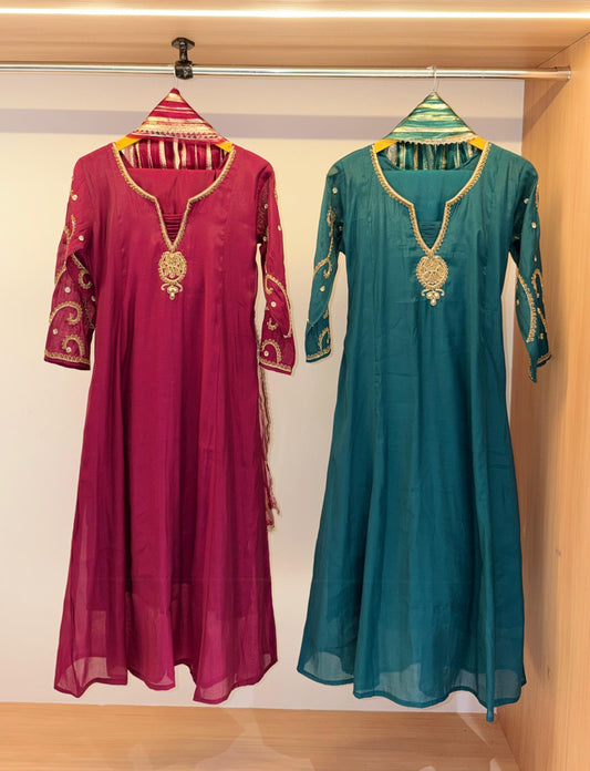 Meher Zari Pendant Embroidered Anarkali Set (Wine/Teal)