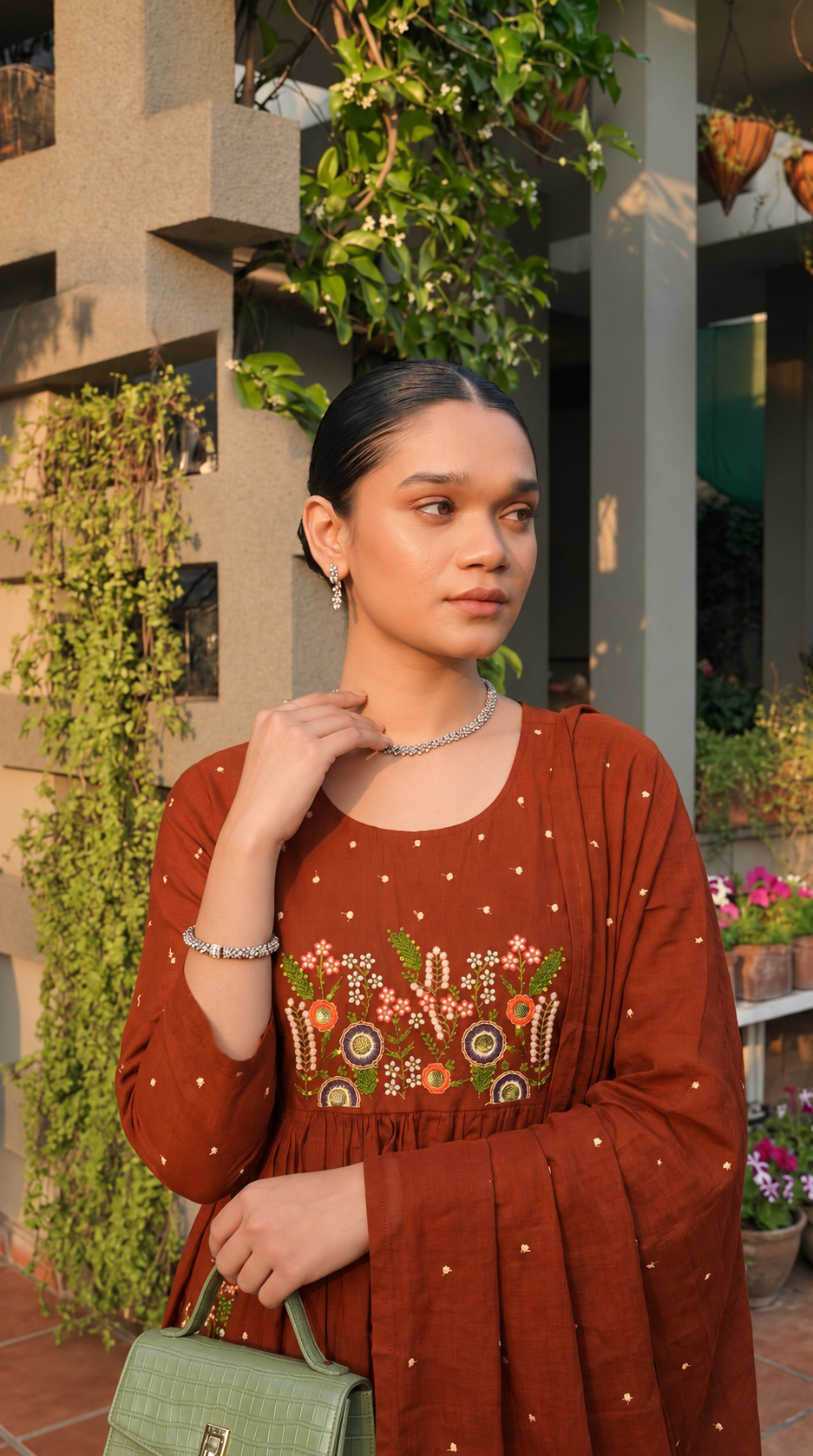 Floral Machine-Embroidered Cotton Anline 3-Piece Set