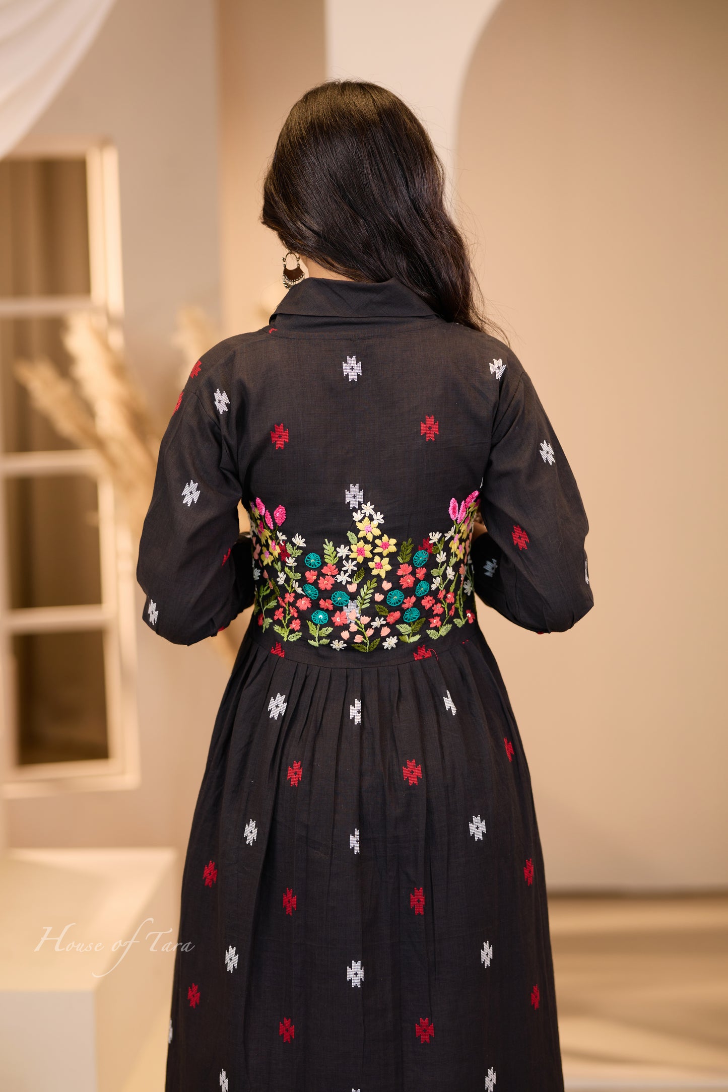 Black Handloom Cotton Jamdani Weave Summer Frock with Floral Hand Embroidery