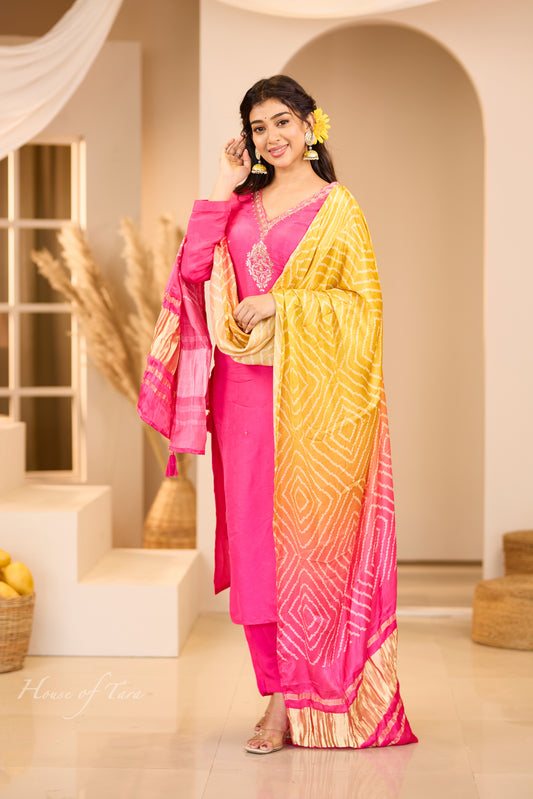 Elegant Pink Kurti Set with Embellished Yoke and Designer Dupatta