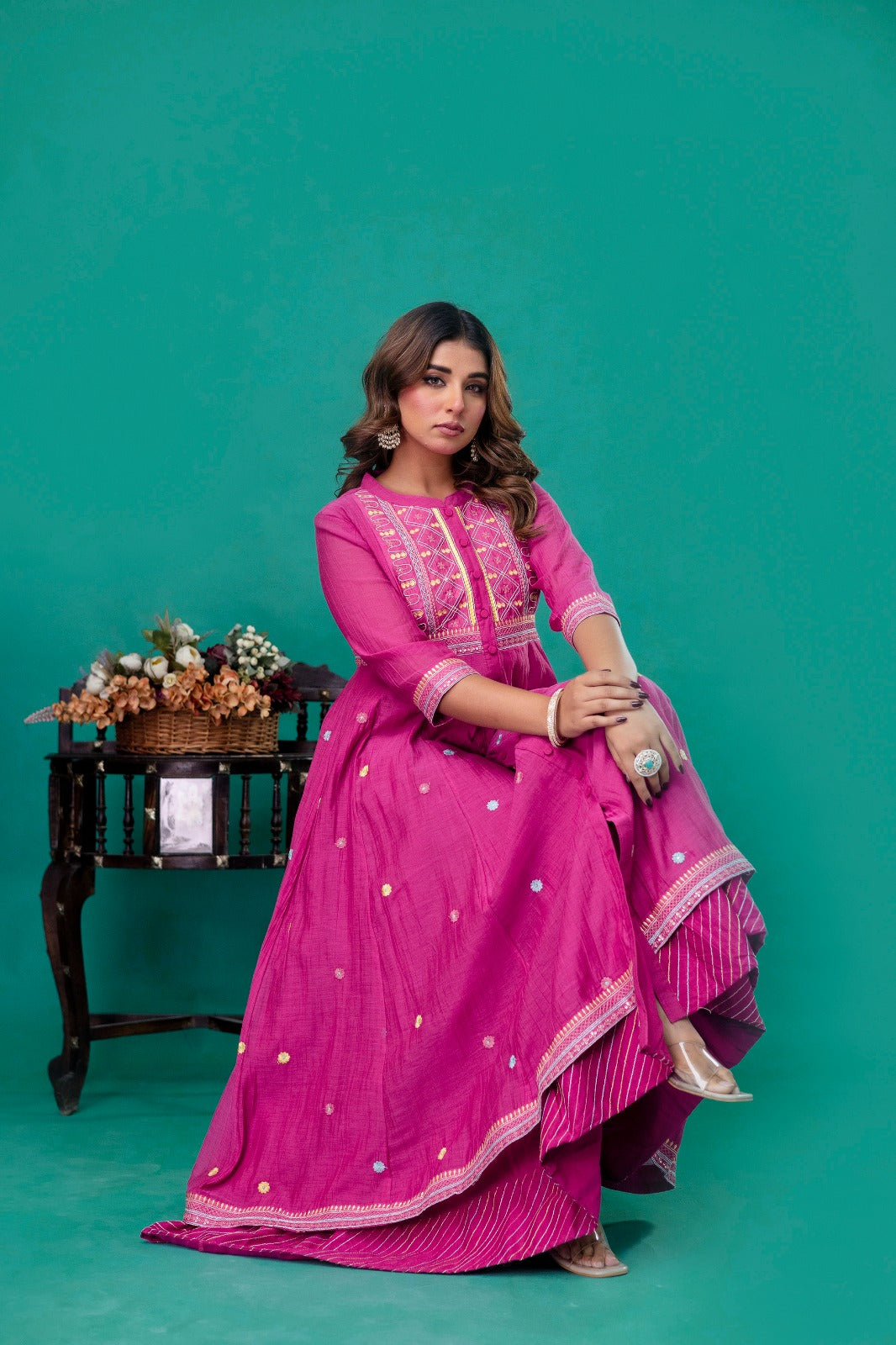 Magenta Embroidered Button-Front Anarkali