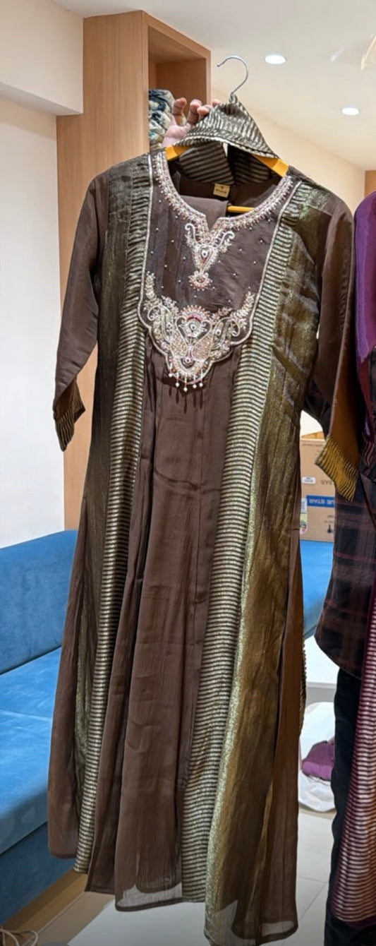 Dark Brown Embroidered Anarkali Suit