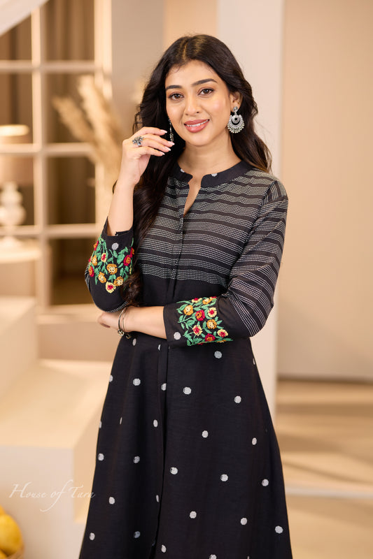 Black Handloom Cotton Frock with Hand-Embroidered Floral Details