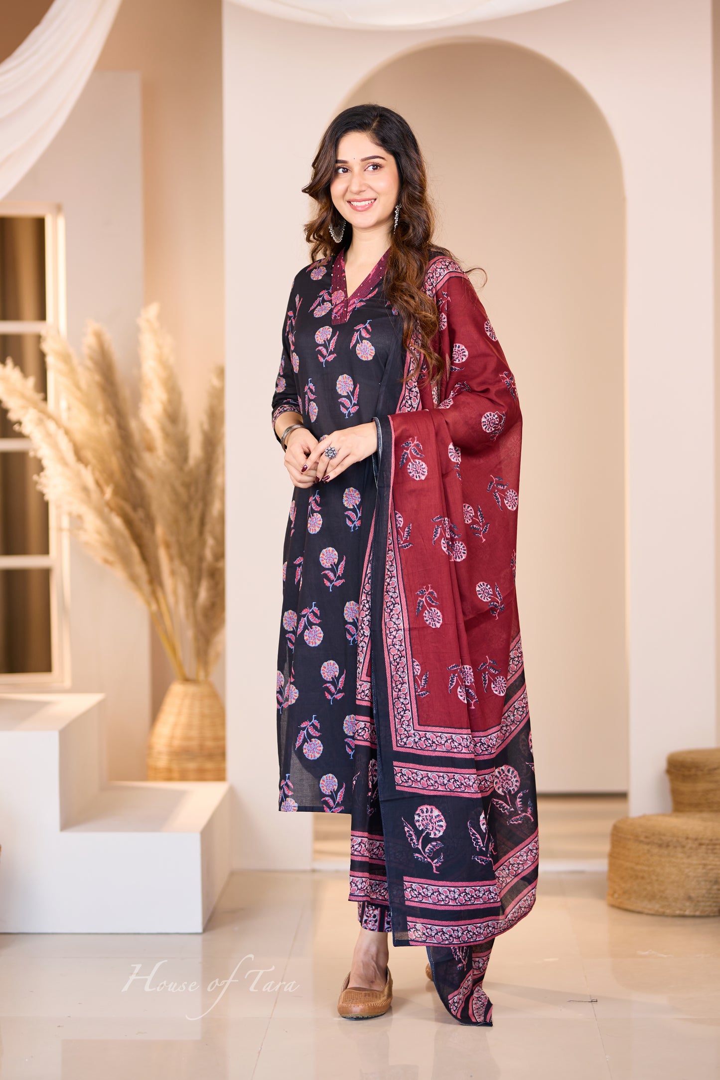 Black Cotton Kurti Set with Contrasting Dupatta