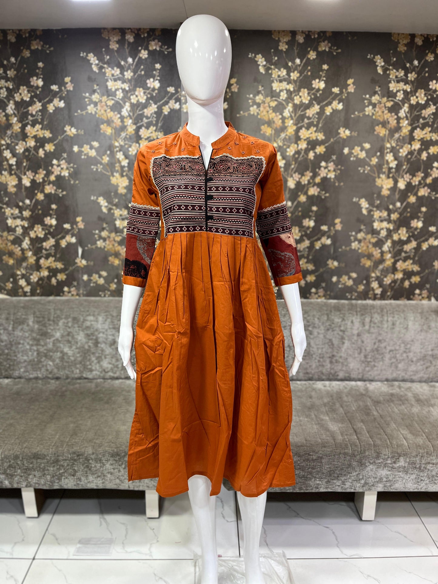 Cotton frock with Ajrak print and mirror work and katha work