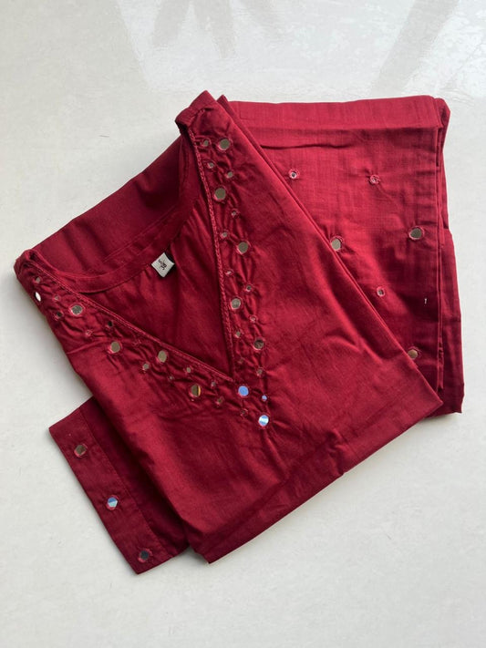 Red Mirror Work Two-Piece Cotton Kurti Set