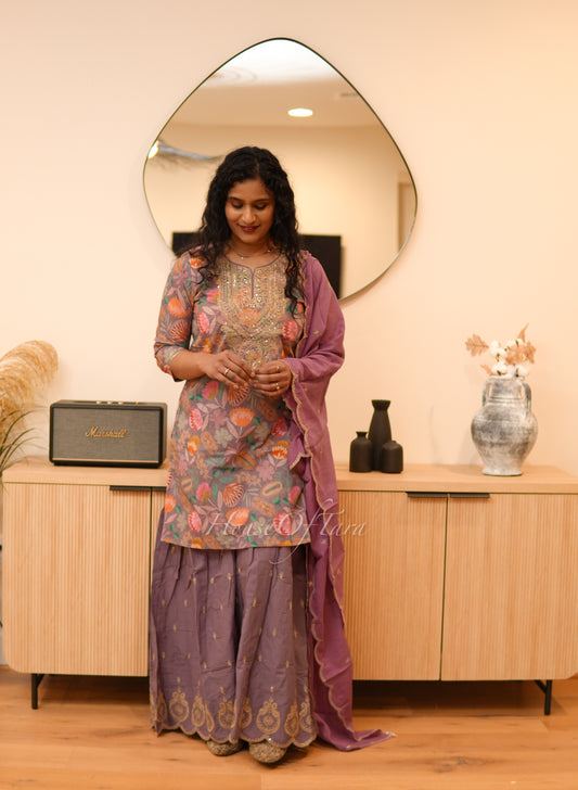 Lavender Elegant Mul Cotton Kurti Set with Embellished Yoke