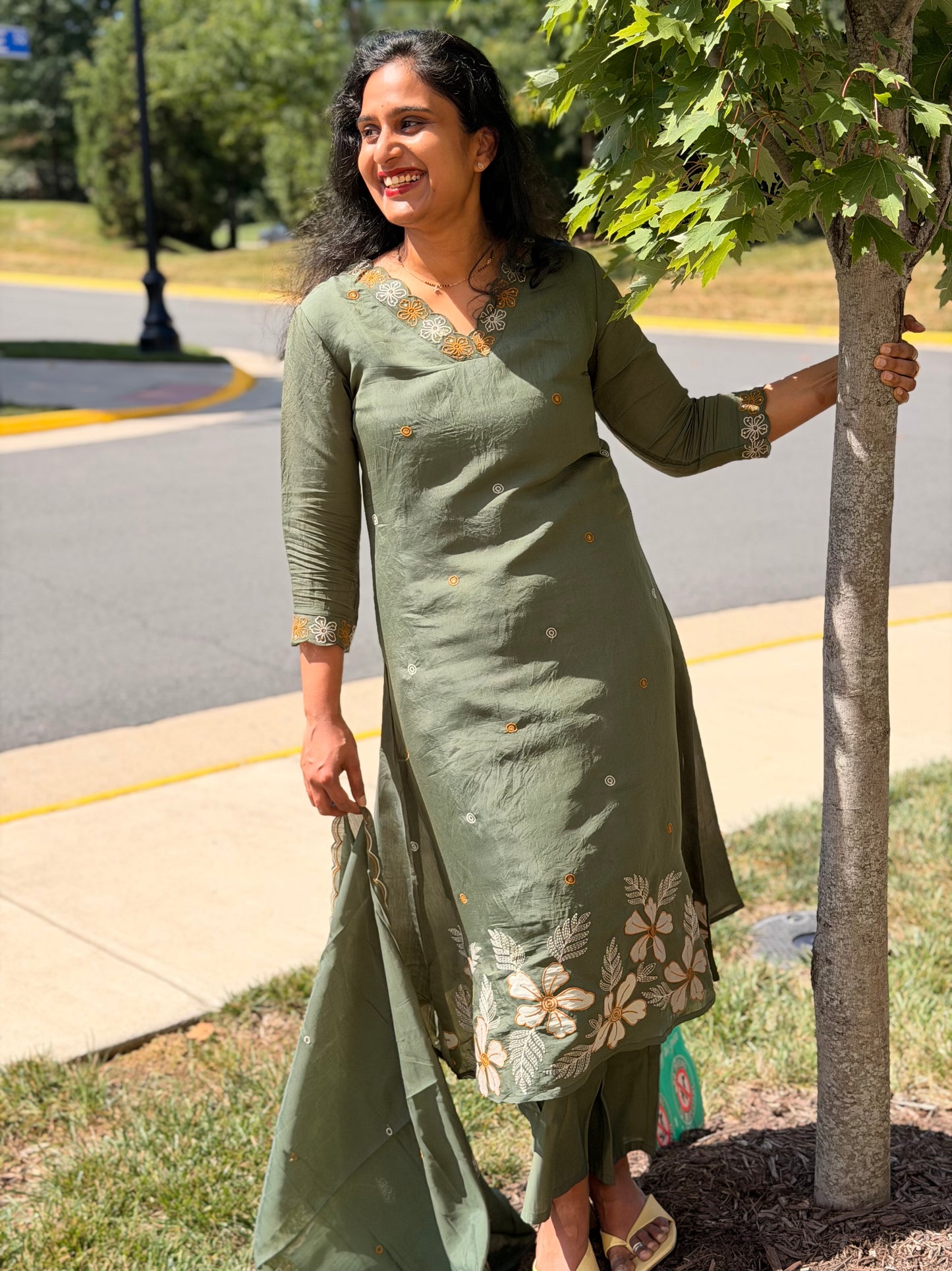 Olive Green Russian Silk 3 piece set