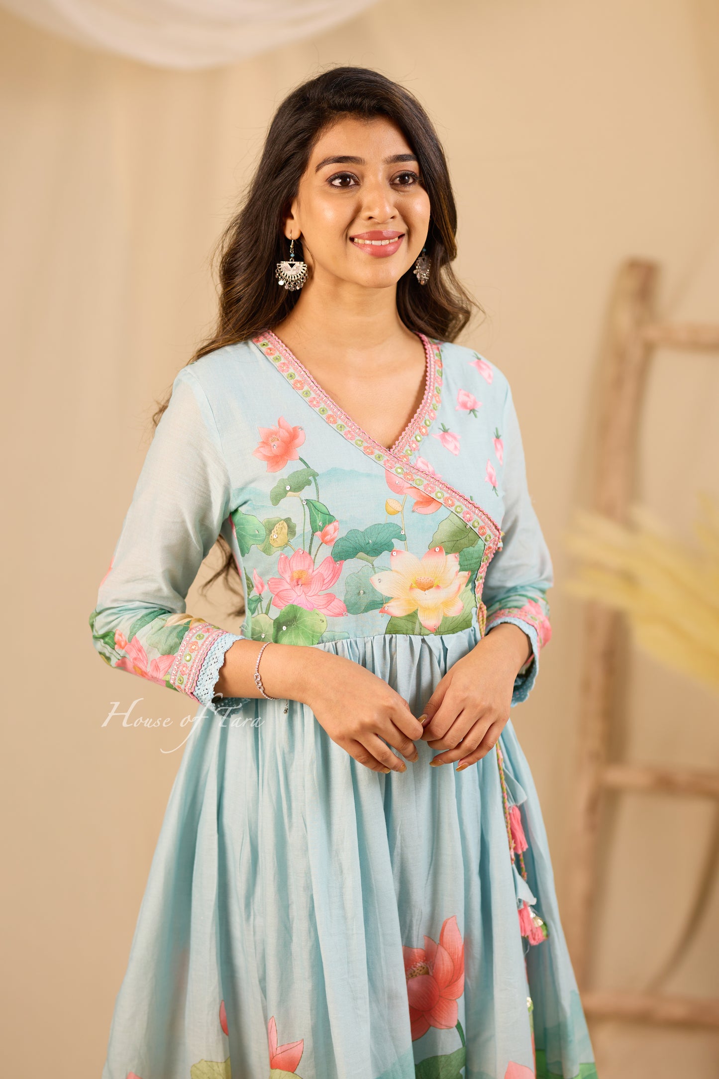 Light blue Three-Piece Anarkali Set with Embellished Yoke and Designer Dupatta