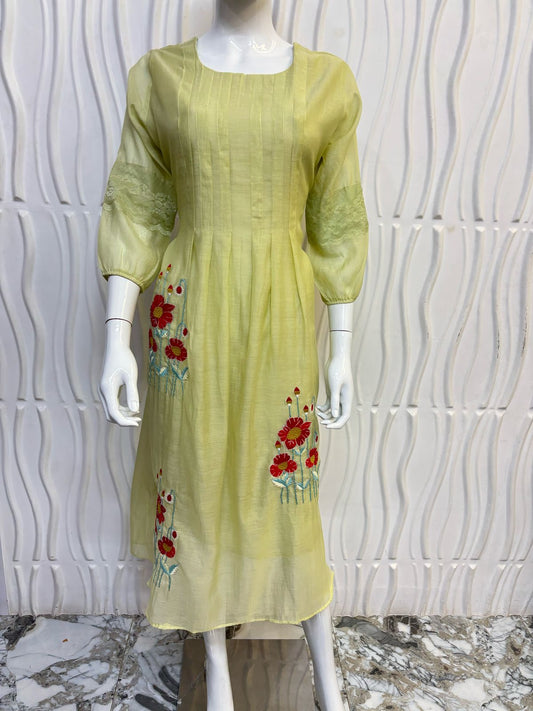 Elegant Light Green Mulchanderi Frock with Thread Embroidery