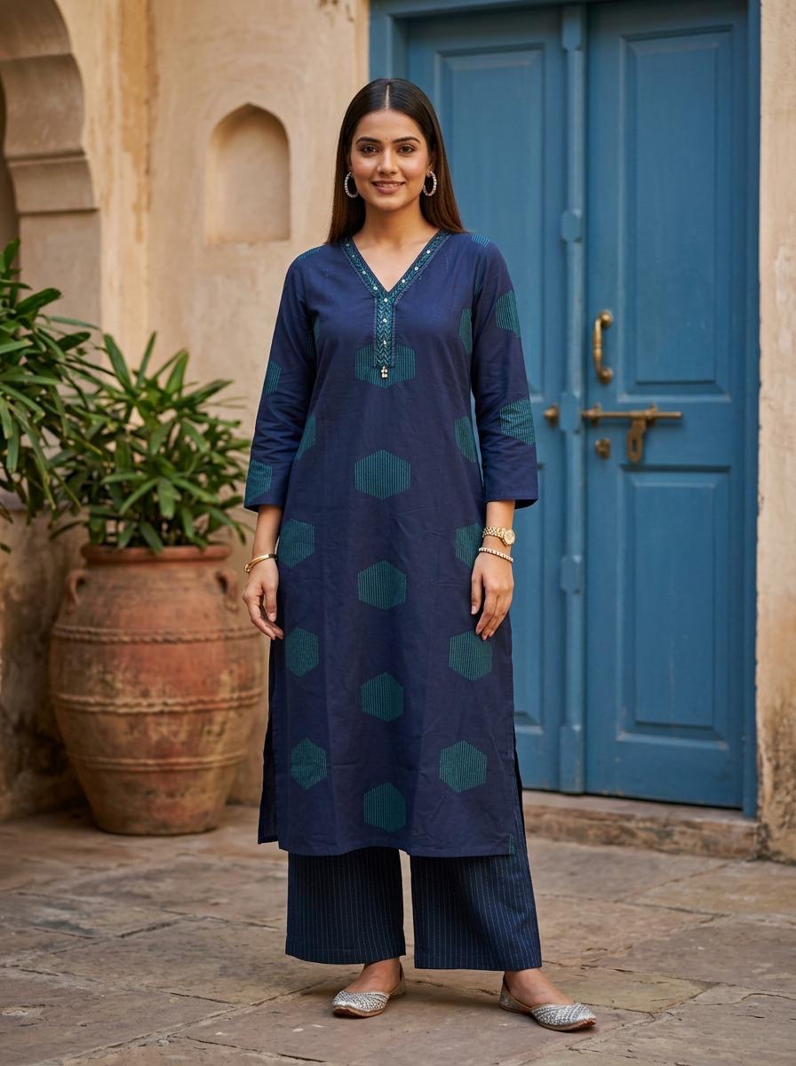 Midnight Hexa Linen-Cotton Straignt Kurtha with Plazo pant