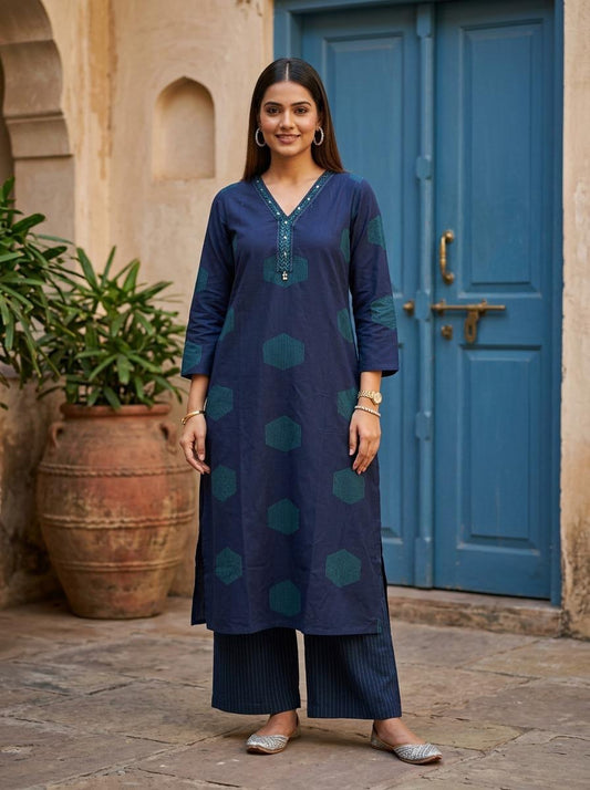Midnight Hexa Linen-Cotton Straignt Kurtha with Plazo pant