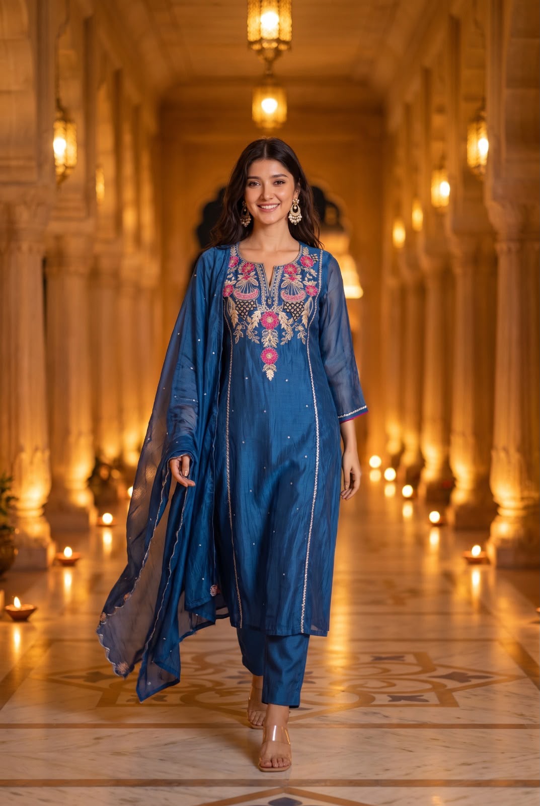 Blue Floral Embroidered Kurta Set with Dupatta