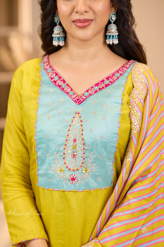 Silk Kurti Set with Contrasting Neckline and Designer Dupatta