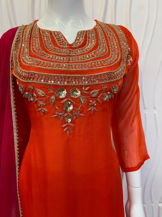 Regal Orange-Red Pure Viscose Organza Kurti Set with Exquisite Zardosi Work